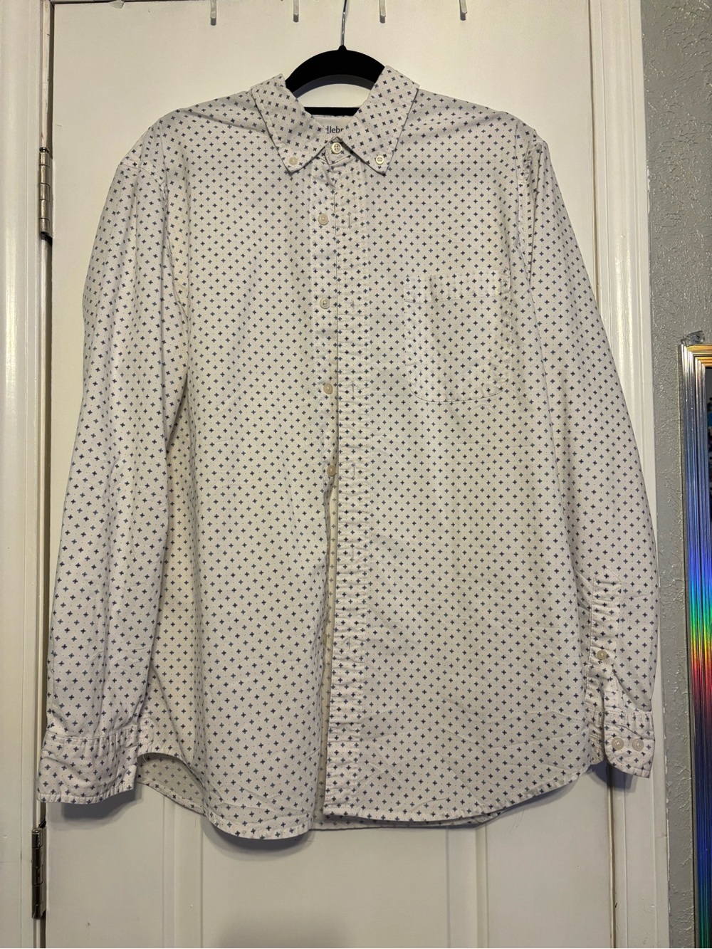 Saddlebred White Button-Down Shirt with Navy Micro Pattern